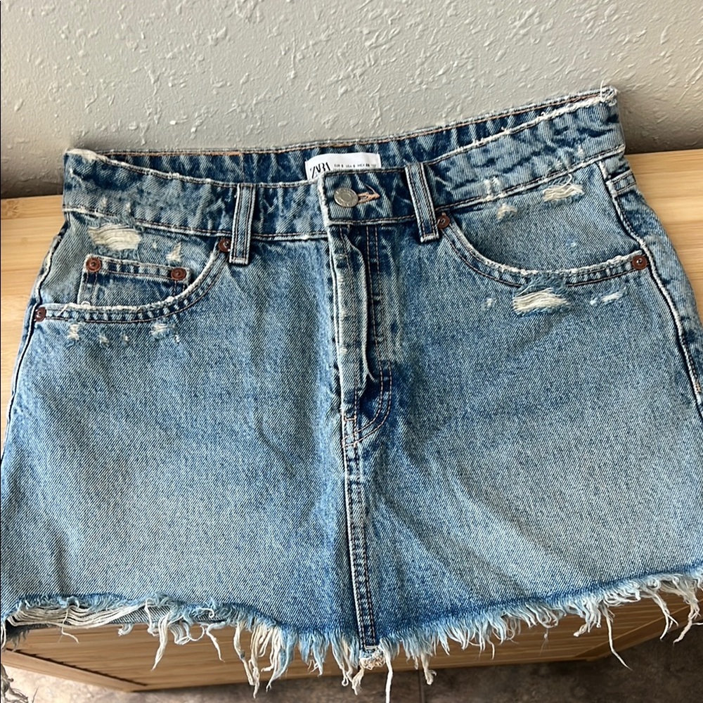 Zara Distressed Denim Mini Skirt